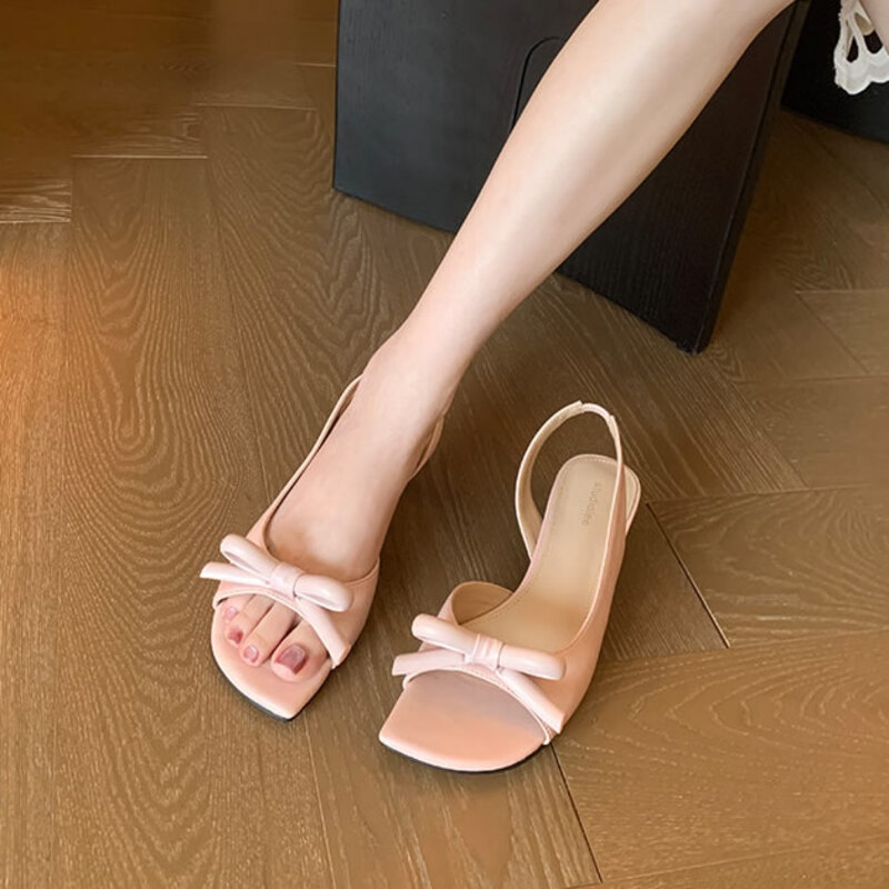 Slip Dress Satin - 우아한 리본 새틴 로우힐 샌들 여성용