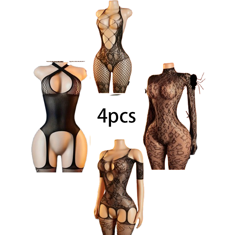 Bodystocking Fishnet - 4피스 섹시 란제리 세트: 여성용 메쉬
