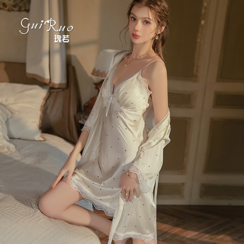 스위트 아이스 실크 새틴 도트 프린트 레이스 패치워크  - Robe Silk Women 리뷰 및 가격