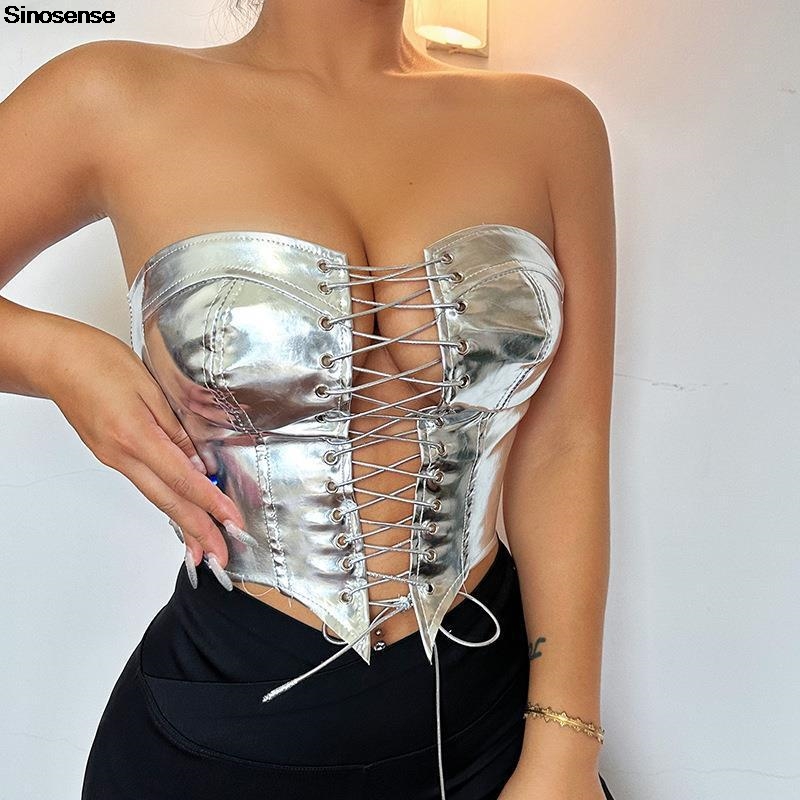 여성용 PU 가죽 뷔스티에 크롭 튜브 탑, 금속 비대칭 - Strapless Bra Backless 리뷰 및 가격